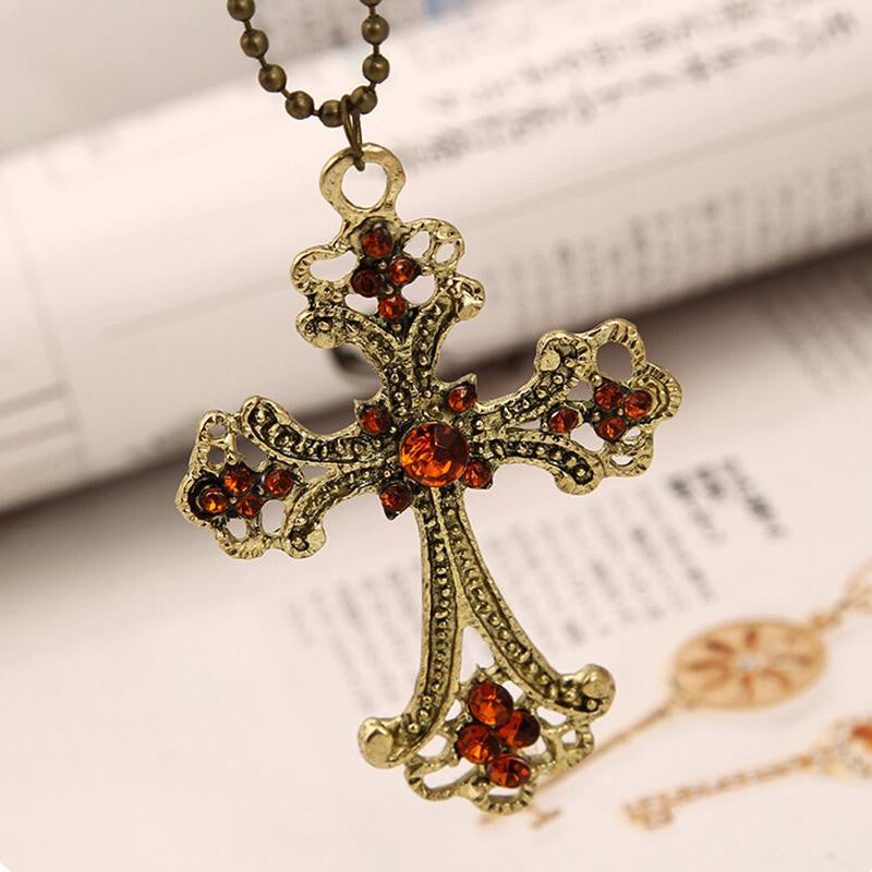 Jewelry Punk Cross Shape Pendant Necklace Vintage Bronze Champagne Crystal Rope Chain Necklace For Women Style J4U66