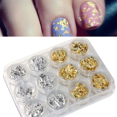 12pc Nail Art Gold Silver Paillette Flake Chip Foil DIY Acrylic UV Gel Stickers for Women Lady Beauty 1 set J4U66