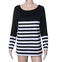 Korea Womens Long Sleeve Round Neck Stripe Splice Loose Shirt Tops Fast Shipping J4U66
