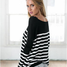 Korea Womens Long Sleeve Round Neck Stripe Splice Loose Shirt Tops Fast Shipping J4U66