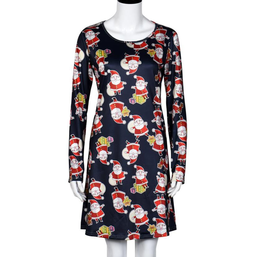 Ladies Women Long Sleeve Santa Hat Printing Party Swing Dress  J4U66