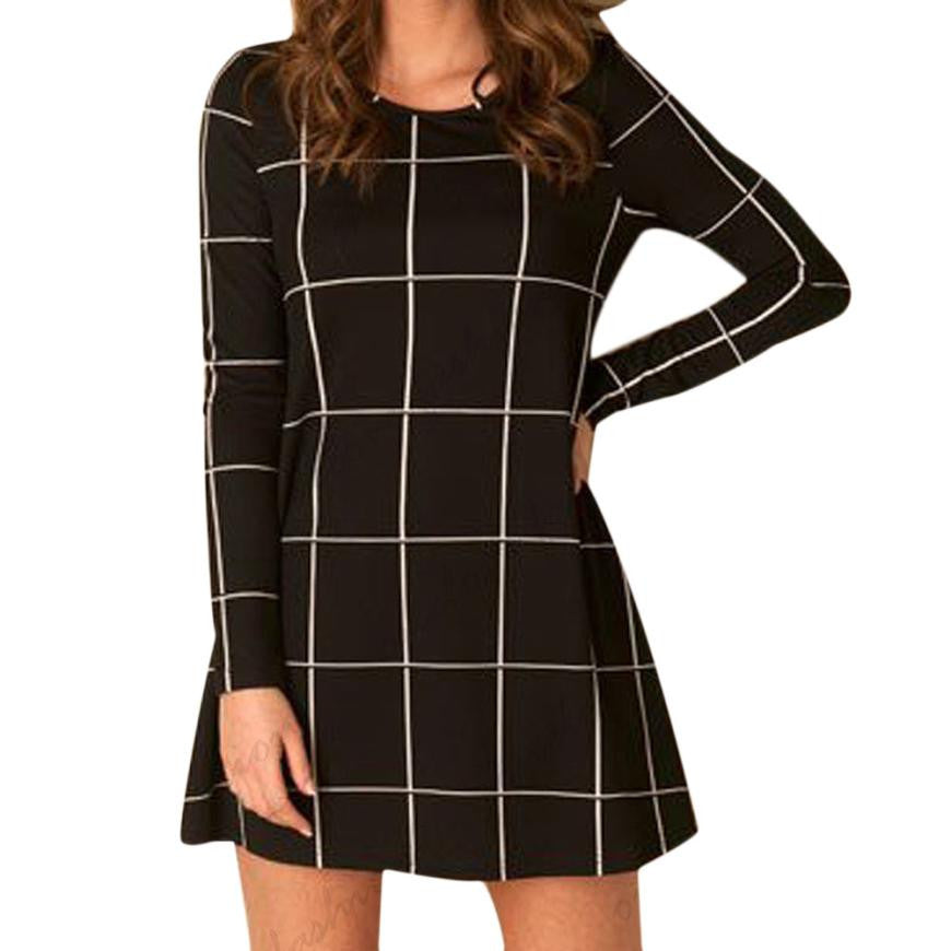 Women Long Sleeve Tartan Check Print Flared Swing Dress  J4U66