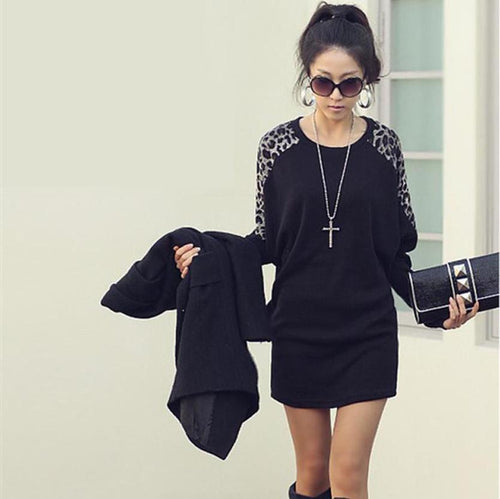 Cotton T-shirt Long Batwing Sleeve Korean Ladies Fashion Leopard Print Casual Loose Shirt Women Tops  J4U66