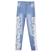 Gagaopt Made Fashion Long Lace Floral Skinny Spliced Hollow out Hole Straight Denim Jeans Pants for Women J4U66