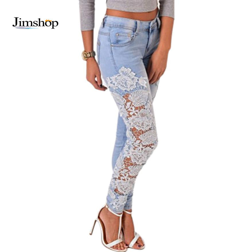 Gagaopt Made Fashion Long Lace Floral Skinny Spliced Hollow out Hole Straight Denim Jeans Pants for Women J4U66