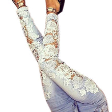 Gagaopt Made Fashion Long Lace Floral Skinny Spliced Hollow out Hole Straight Denim Jeans Pants for Women J4U66