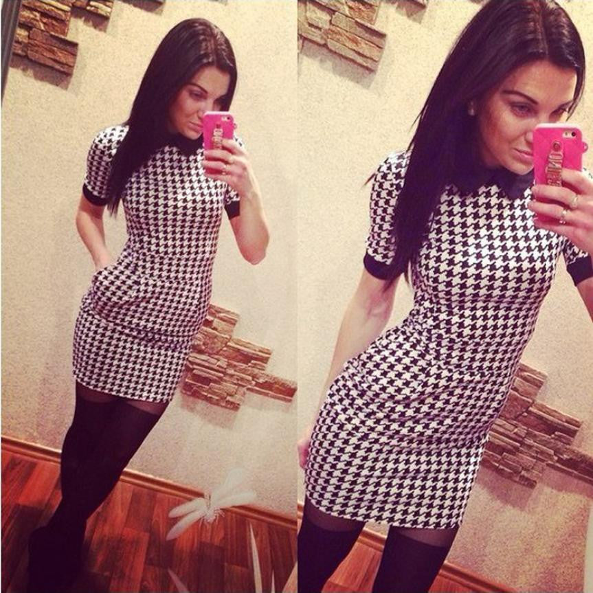 Women Casual Slim Short Sleeved Plaid Print Bodycon Dresses Plus Size vestidos J4U66