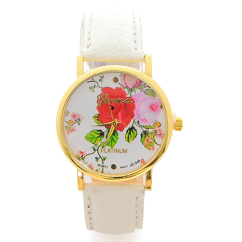 Fashion Women PU Leather Rose Flower Pattrern Watch Quartz WristWatches Gift 6 Colors J4U66