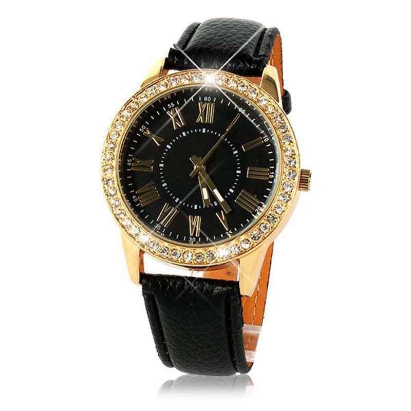 Fashion Women's Bling Gold Crystal Women Luxury Leather Strap Quartz Wrist Watch  J4U66