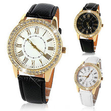 Fashion Women's Bling Gold Crystal Women Luxury Leather Strap Quartz Wrist Watch  J4U66