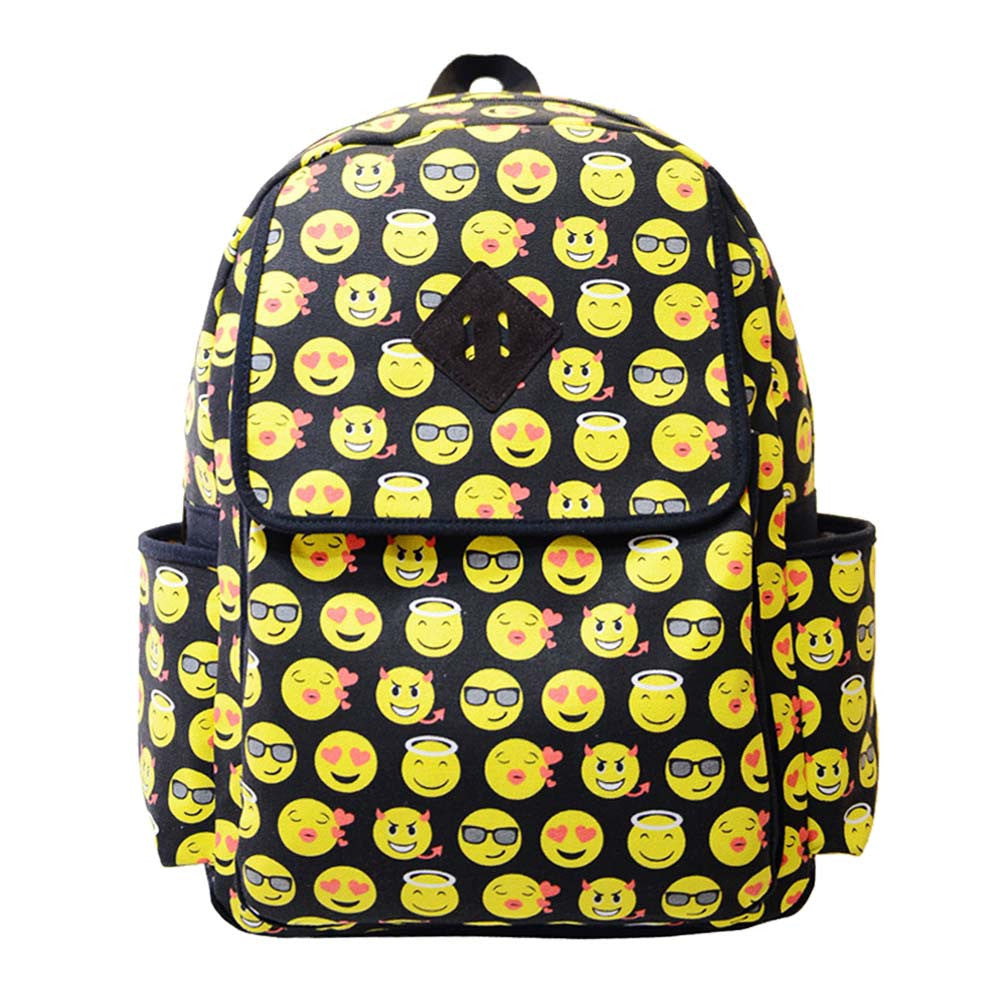 Women Canvas Backpacks Cute Smiley Emoji Face Printing Schoolbag Women Girls Casual Travel Bag J4U66