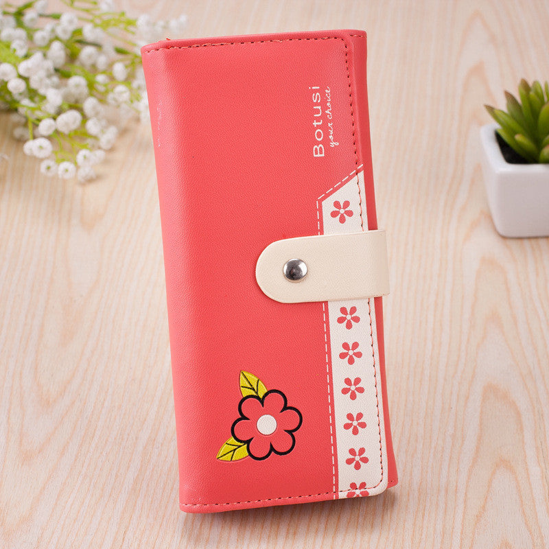 Korea Style Money Clip PU Leather Purse Flower Print Clutch Button Wallet Bag J4U66
