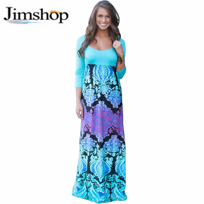 Women Long Sleeve Printed Patchwork Dress Fashion Maxi Dress Bohemian Beach Vestidos  J4U66