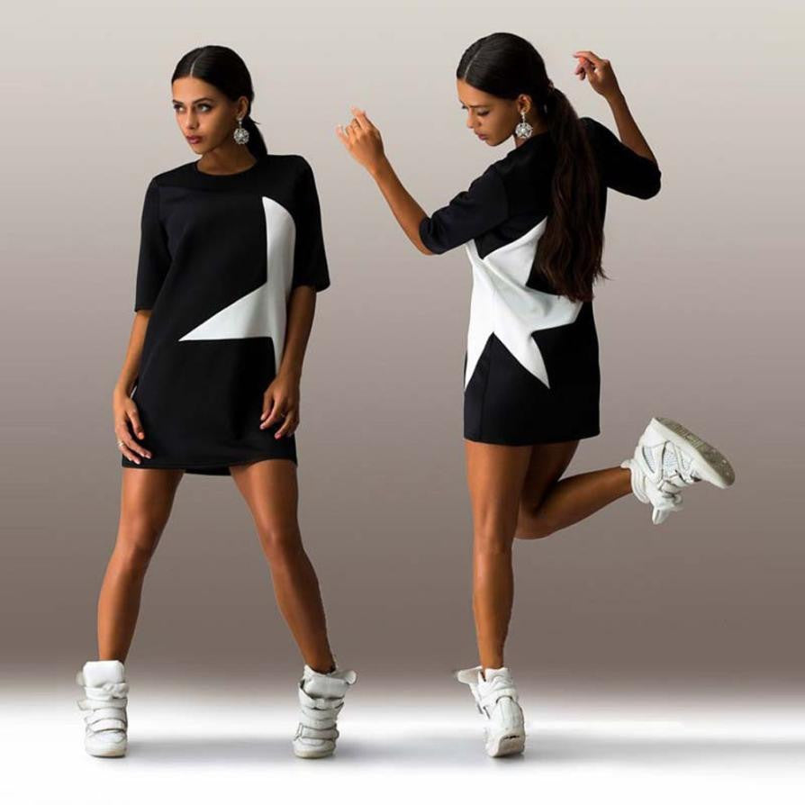FashionWomen Casual Loose Star Printed Half Sleeve Short Mini Dress  J4U66