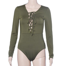 Fashion Deep V Neck Sexy Womens Long Sleeve Lace up Bandage Bodysuit Crop Tops Shirt Jumpsuit J4U66