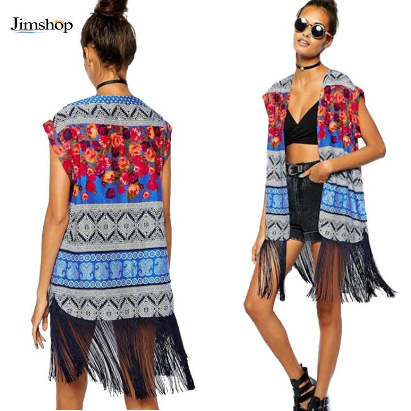 Fashion The Ethnic Style Blouses Print Mode Sleeveless Contrast Color Shirt Cardigan Tassel Kimono  J4U66