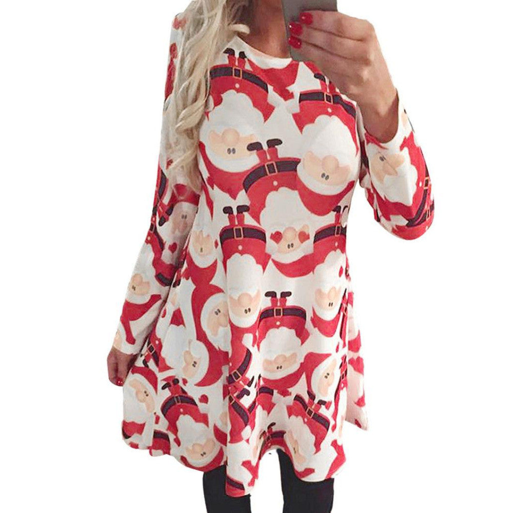 Ladies Women Long Sleeve Olaf Santa Printing Party Swing Dress Fast Shipping J4U66