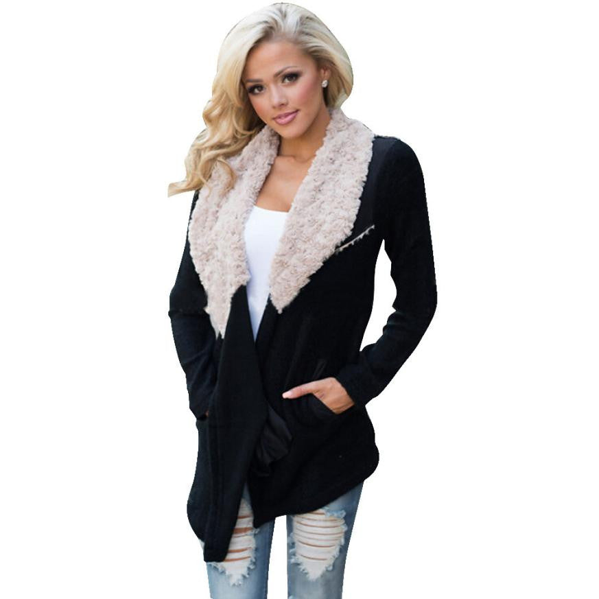 Patchwork Women's Fur Collar Outwear Cardigan Coat Black  J4U66