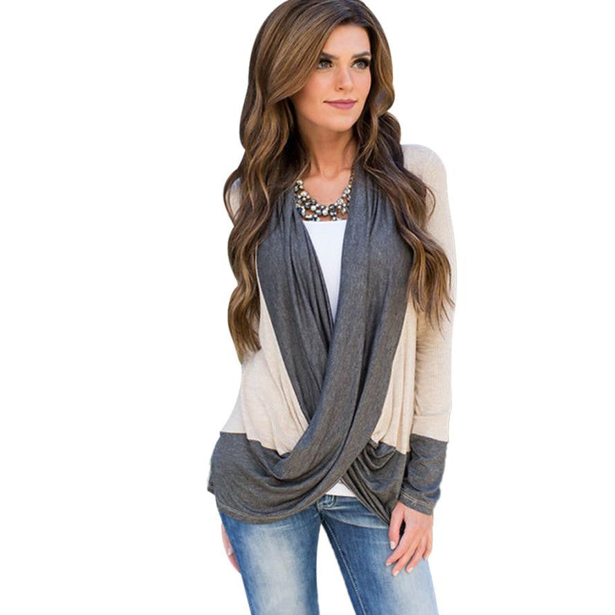 Sexy Women Irregular Splice Cotton Long Sleeve V Neck Loose Shirts Tops Blouse J4U66