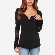 Shirt Women Casual Splicing Long Sleeve Lace Loose Chiffon Tops Shirt Black And Blue Color Plus Size J4U66
