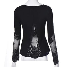 Shirt Women Casual Splicing Long Sleeve Lace Loose Chiffon Tops Shirt Black And Blue Color Plus Size J4U66