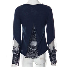 Shirt Women Casual Splicing Long Sleeve Lace Loose Chiffon Tops Shirt Black And Blue Color Plus Size J4U66