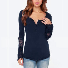 Shirt Women Casual Splicing Long Sleeve Lace Loose Chiffon Tops Shirt Black And Blue Color Plus Size J4U66