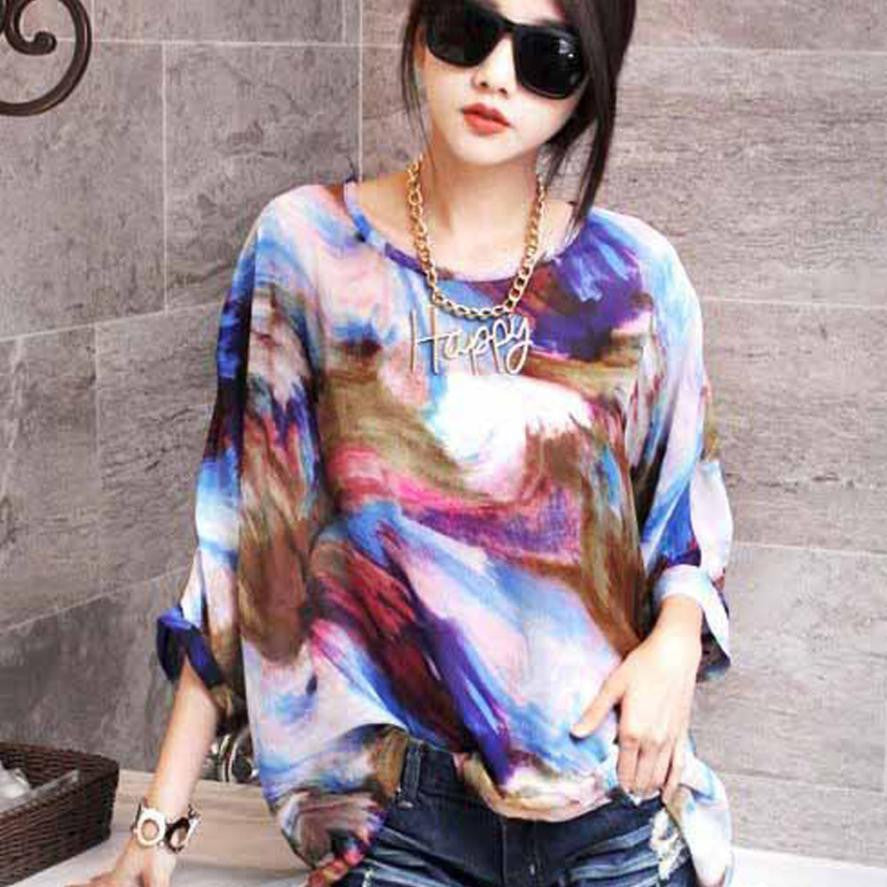 Women Cherry Print Bohemian Chiffon Loose Tops Batwing Sleeve Shirt Casual Blous Fast Shipping J4U66