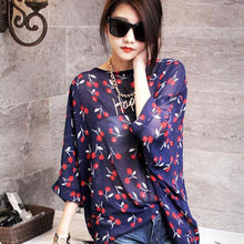 Women Cherry Print Bohemian Chiffon Loose Tops Batwing Sleeve Shirt Casual Blous Fast Shipping J4U66