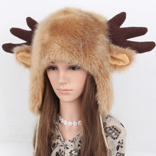 Women Ladies Fur Russian Pillbox Hat Women's Warm Hat Elk Horn  J4U66