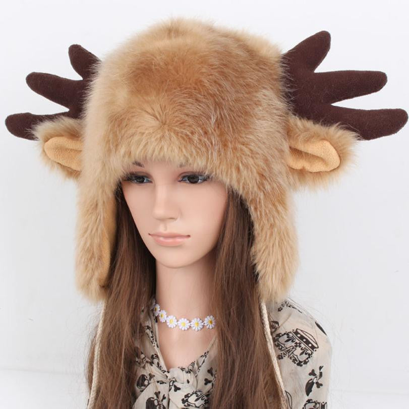 Women Ladies Fur Russian Pillbox Hat Women's Warm Hat Elk Horn  J4U66