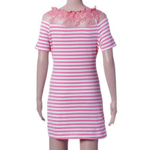 Women Off Shoulder Fashion Black and White Striped Short Sleeve Straight Short Casual Dress J4U66