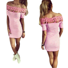 Women Off Shoulder Fashion Black and White Striped Short Sleeve Straight Short Casual Dress J4U66