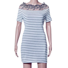 Women Off Shoulder Fashion Black and White Striped Short Sleeve Straight Short Casual Dress J4U66