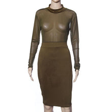 Women Sexy Long Sleeve Mesh+Milk Silk Bodycon Midi Dress  J4U66
