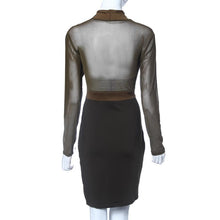 Women Sexy Long Sleeve Mesh+Milk Silk Bodycon Midi Dress  J4U66