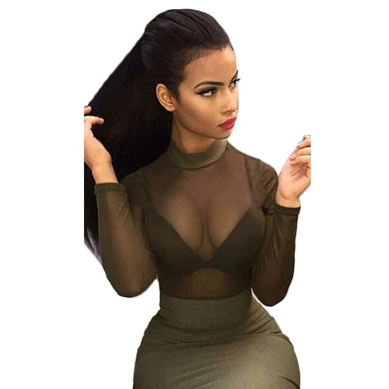 Women Sexy Long Sleeve Mesh+Milk Silk Bodycon Midi Dress  J4U66
