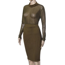 Women Sexy Long Sleeve Mesh+Milk Silk Bodycon Midi Dress  J4U66