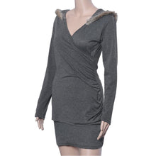 Womens Ladies V Neck Fur Hooded Long Sleeve Bodycon Hoodies Jumper Dress  J4U66