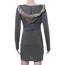 Womens Ladies V Neck Fur Hooded Long Sleeve Bodycon Hoodies Jumper Dress  J4U66