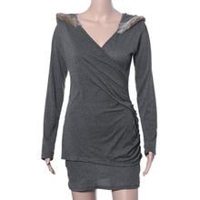 Womens Ladies V Neck Fur Hooded Long Sleeve Bodycon Hoodies Jumper Dress  J4U66