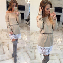 Sexy Off Shoulder Women Lace Splice Long Sleeve Bodycon Evening Party Mini Dress Plus Size J4U66