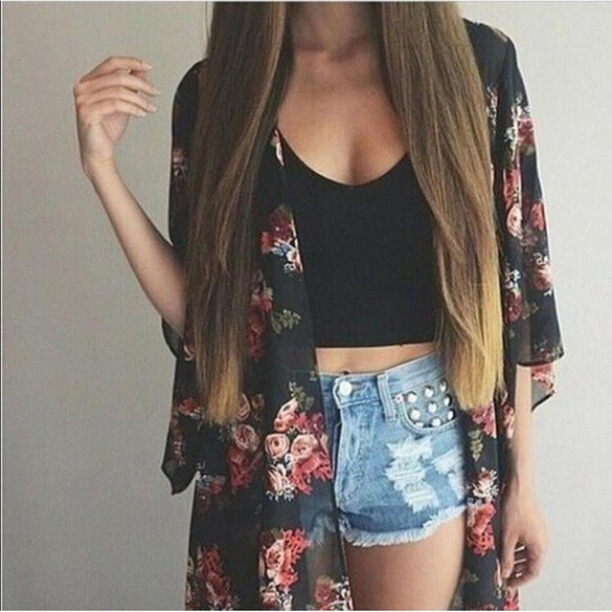 Women Floral Printed Chiffon Kimono Cardigan Shawl Blouse Tops Cover up J4U66