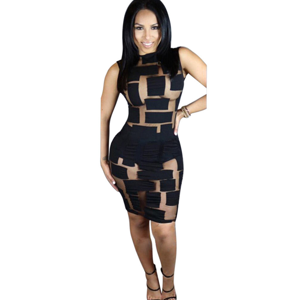 Women Lady Dress Sexy Women sleeveless Bandage Bodycon Mesh Club Party Cocktail Mini Dresses Vestidos J4U66