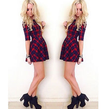 Women Red Plaid Dress Women Round Neck Half Sleeve Mini Dress J4U66