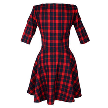 Women Red Plaid Dress Women Round Neck Half Sleeve Mini Dress J4U66