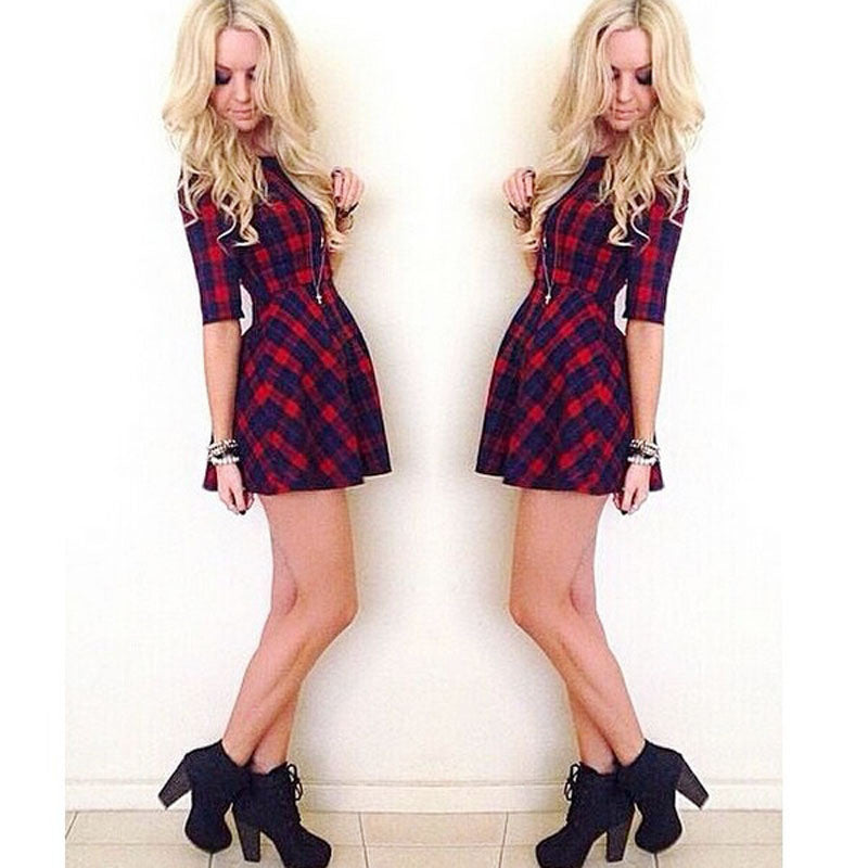 Women Red Plaid Dress Women Round Neck Half Sleeve Mini Dress J4U66