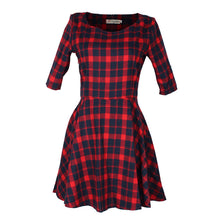 Women Red Plaid Dress Women Round Neck Half Sleeve Mini Dress J4U66