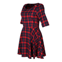 Women Red Plaid Dress Women Round Neck Half Sleeve Mini Dress J4U66