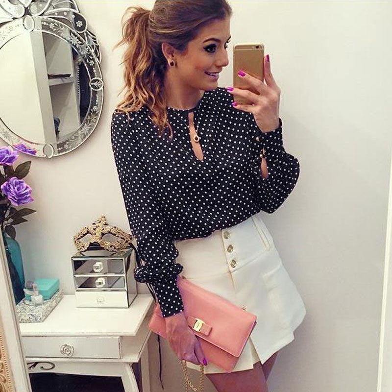 Womens Long Sleeve Blouses Chiffon Polka Dots Shirt Tops& s J4U66